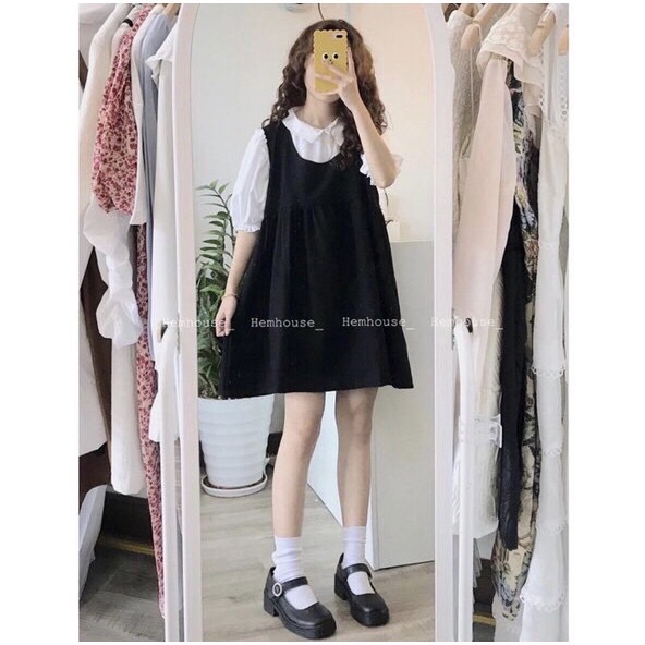 Đầm yếm nữ đen phối màu chất đũi váy yếm nữ ngắn tay dáng lửng Q054