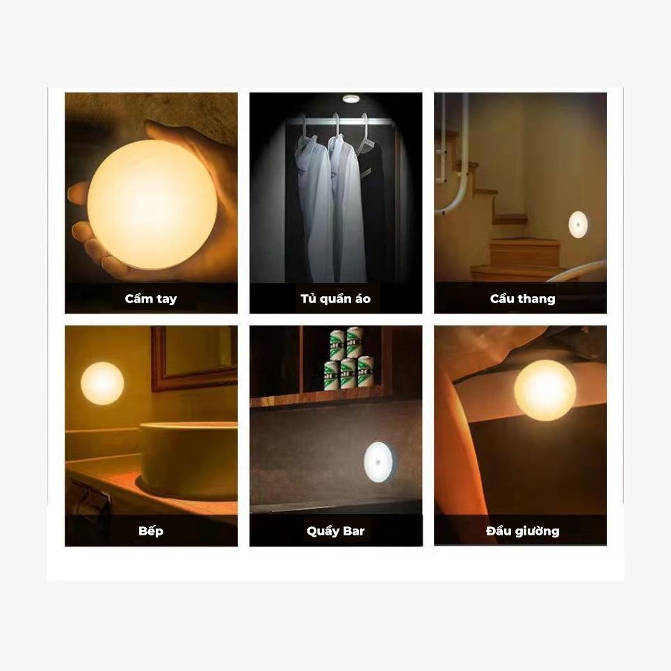 Combo 2 Đèn ngủ cảm ứng người, loại đèn cảm biến thông minh treo tủ quần áo hình tròn có cổng sạc usb