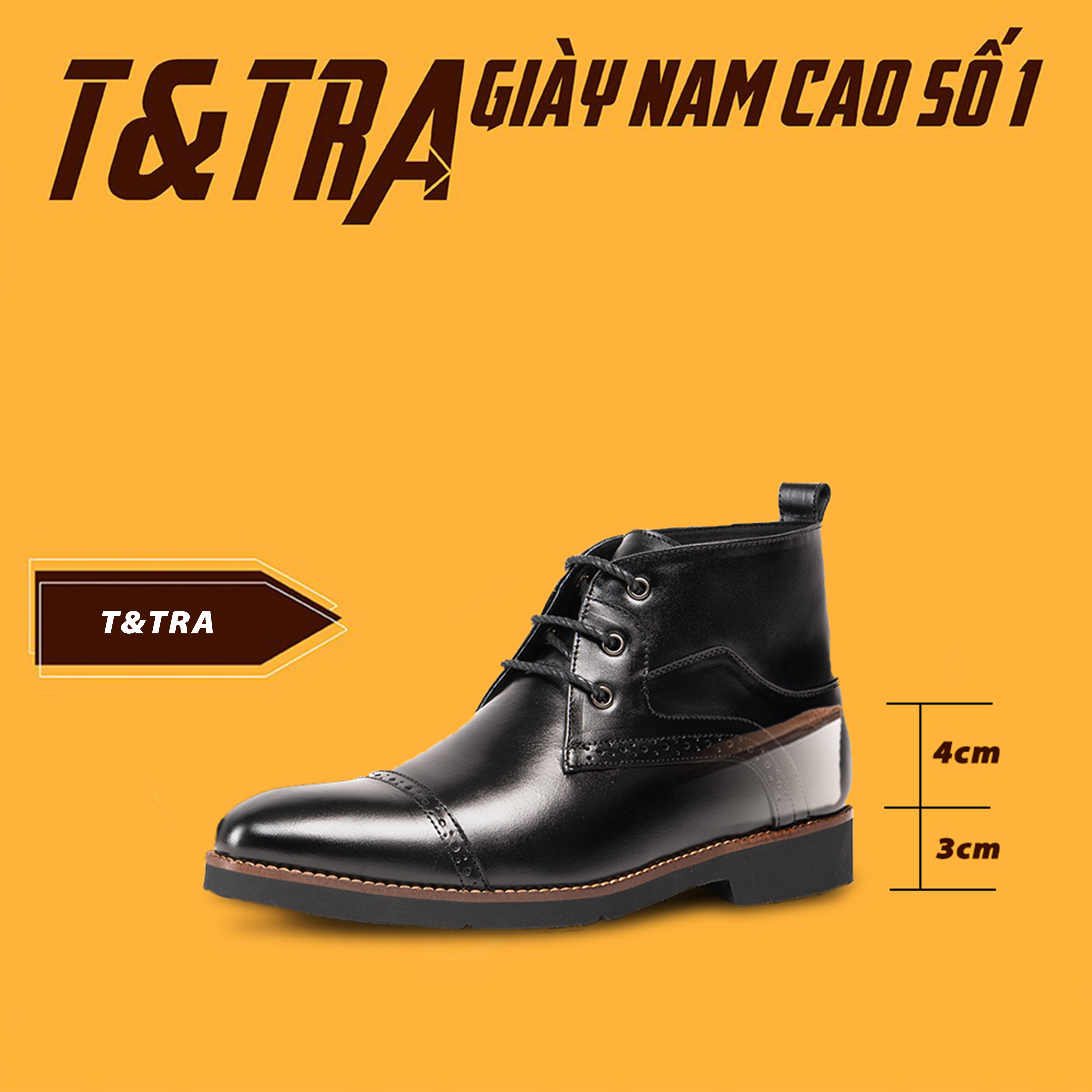Giày Boots Nam Tăng Chiều Cao Siêu Nhẹ T&TRA Tăng Cao 7Cm, S1079 Đen , Chất Liệu Da Bò Cao Cấp, Đế Và Lót Siêu Nhẹ Giúp Giảm Trọng Lượng 30% So Với Đế Cao Su