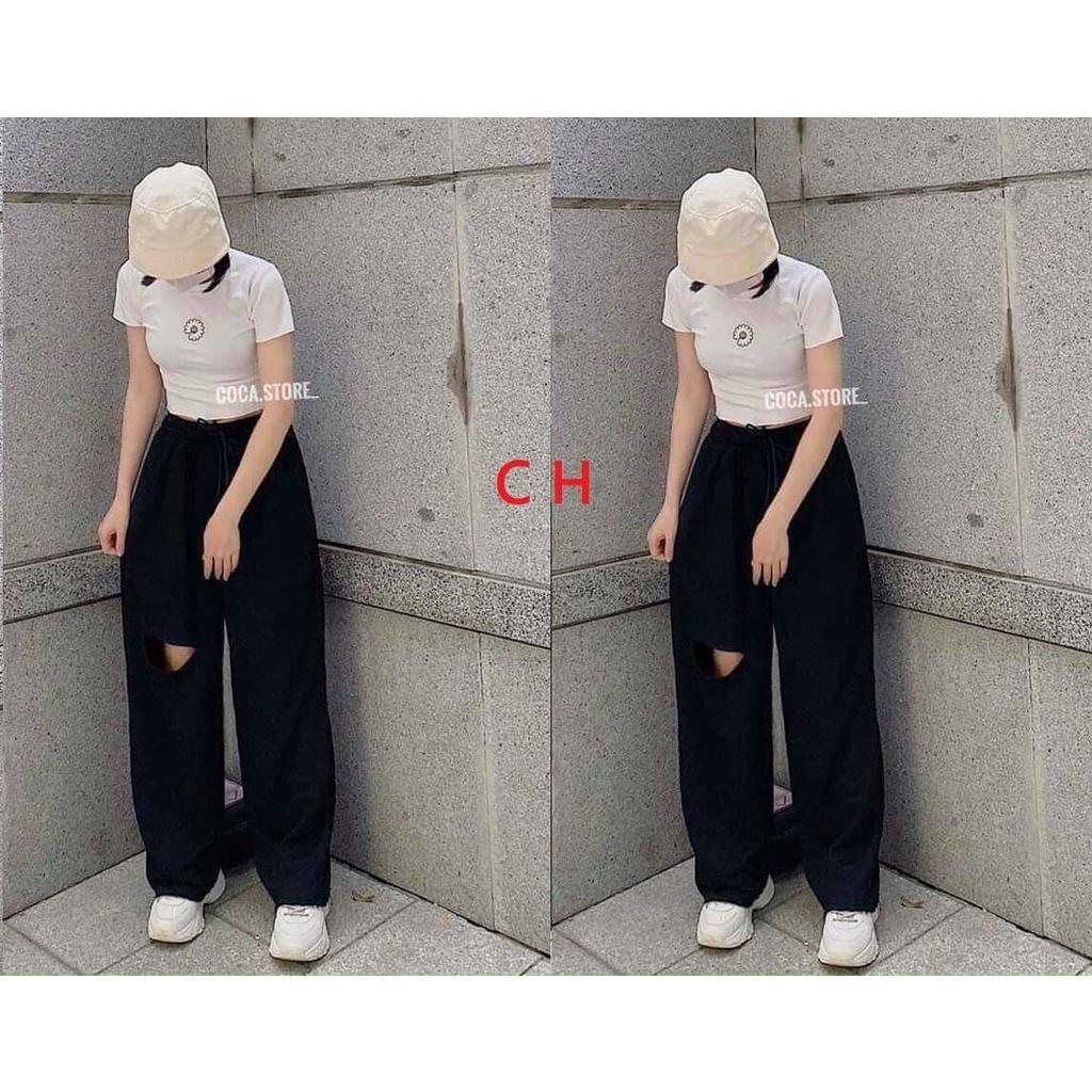 Sét áo thun croptop và quần cotton ống rộng cá tính