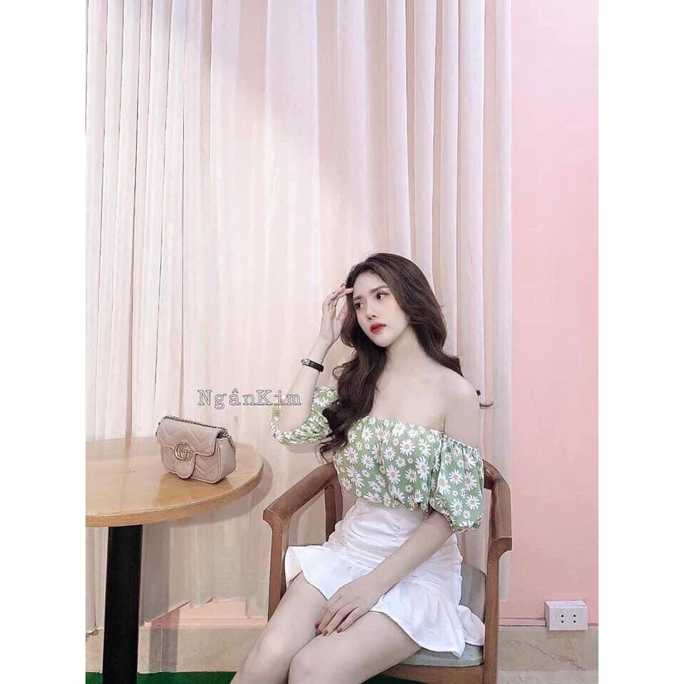 Áo Trễ Vai Tay Bồng Hoa Cúc 3 Màu Như Hình