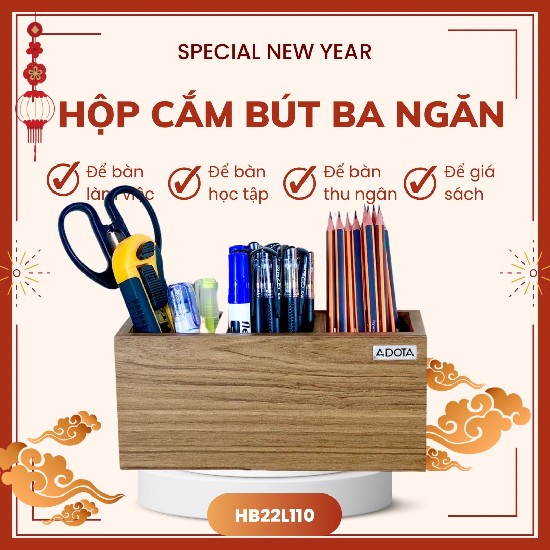 (Bán chạy) Hộp cắm bút 3 ngăn để bàn, hộp đựng bút và văn phòng phẩm gỗ MDF siêu bền ADOTA mã HB22L110