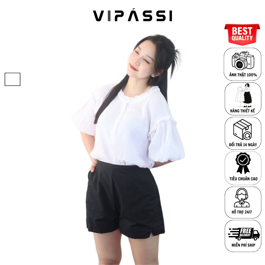 VIPÁSSI Áo Baby Cotton Cổ Bèo Đính Nút Ngắn Tay Phòng Trắng