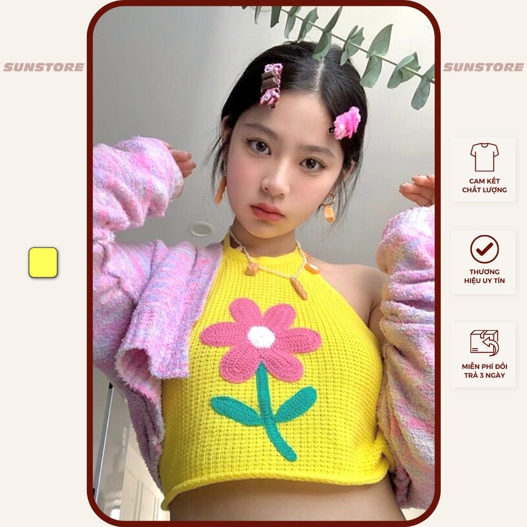 Áo croptop kiểu nữ 3 lỗ ôm body cổ yếm không tay len dệt kim bông hoa phía sau cột dây màu vàng