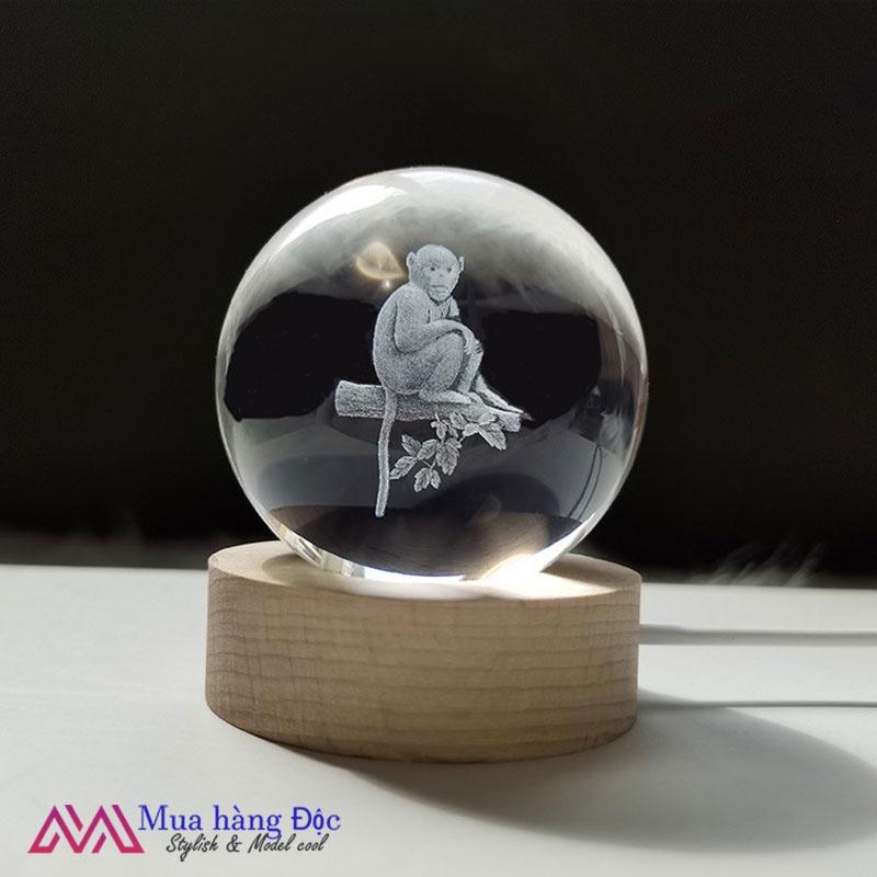 Bộ Quà Tặng Quả Cầu Pha Lê 3D larser LED 12 Con Giáp Tuổi Thân
