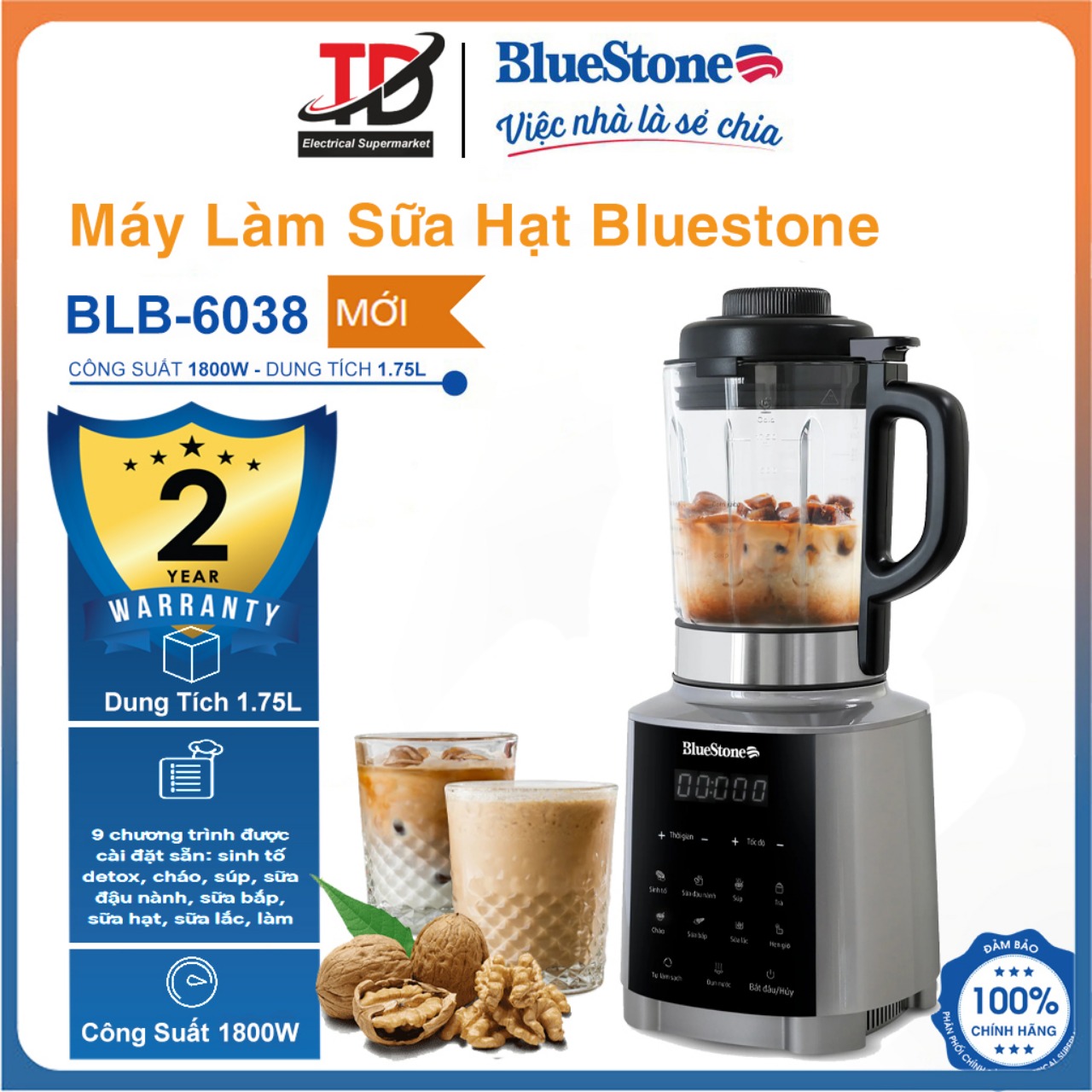 Máy Làm Sữa Hạt BlueStone BLB-6038, Mâm Nhiệt Chống Dính Ceramic, 1800W -1,75Lit, Hàng Chính Hãng