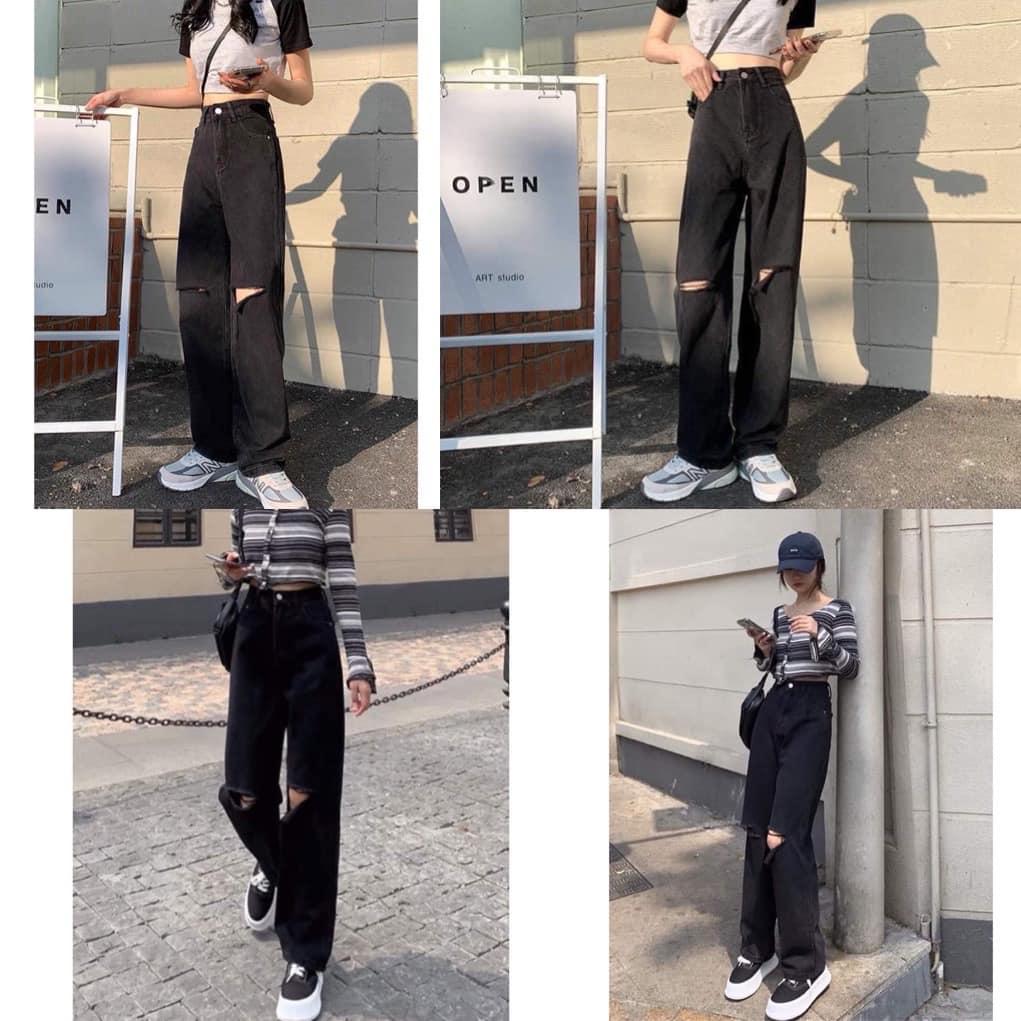 Quần jean ống rộng dài, quần jean nữ rách, quần rách lưng cao, quần nữ, quần bò ống rộng dáng thụng, quần dài nữ màu đen