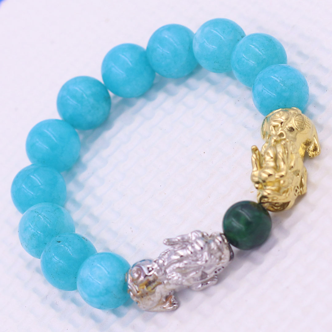 Vòng chuỗi đeo tay đá ngọc tủy xanh biển 12 ly charm tỳ hưu đôi inox trắng và vàng, vòng chuỗi phong thủy, charm tỳ hưu, vòng tay hạt chuỗi