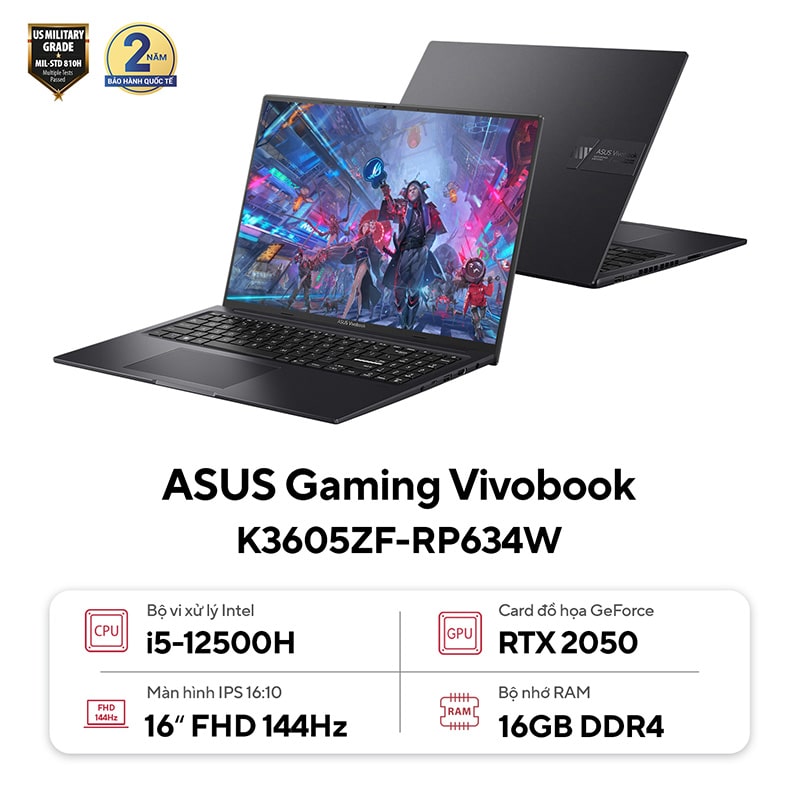 Laptop ASUS Gaming Vivobook K3605ZF-RP634W (Intel Core i5-12500H | 16GB | 512GB | RTX 2050 | 16 inch WUXGA | Win 11 | Đen) - HÀNG CHÍNH HÃNG