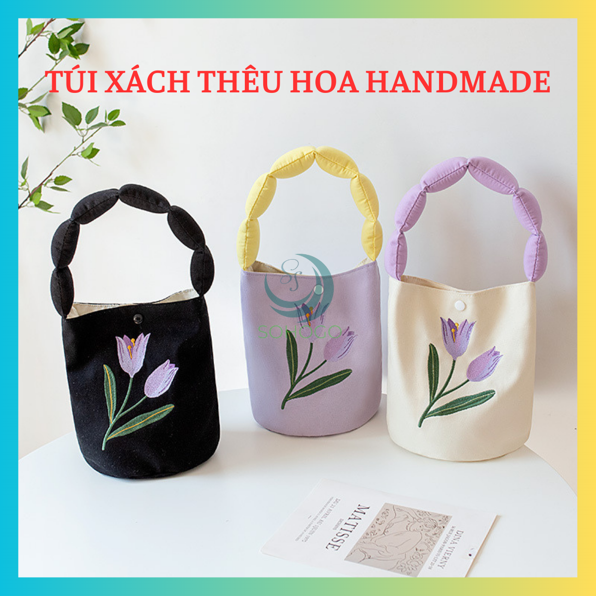 Túi tote nữ, họa tiết hoa Tulip handmade vintage 24x18x18cm - Túi xách canvas hình hoa phong cách Hàn Quốc thanh lịch