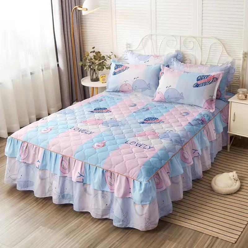 Bộ Ga Gối Cotton Trần Bông 2 lớp - Ga Gối Cotton Phủ Viền Bèo Hàng Nhập Khẩu