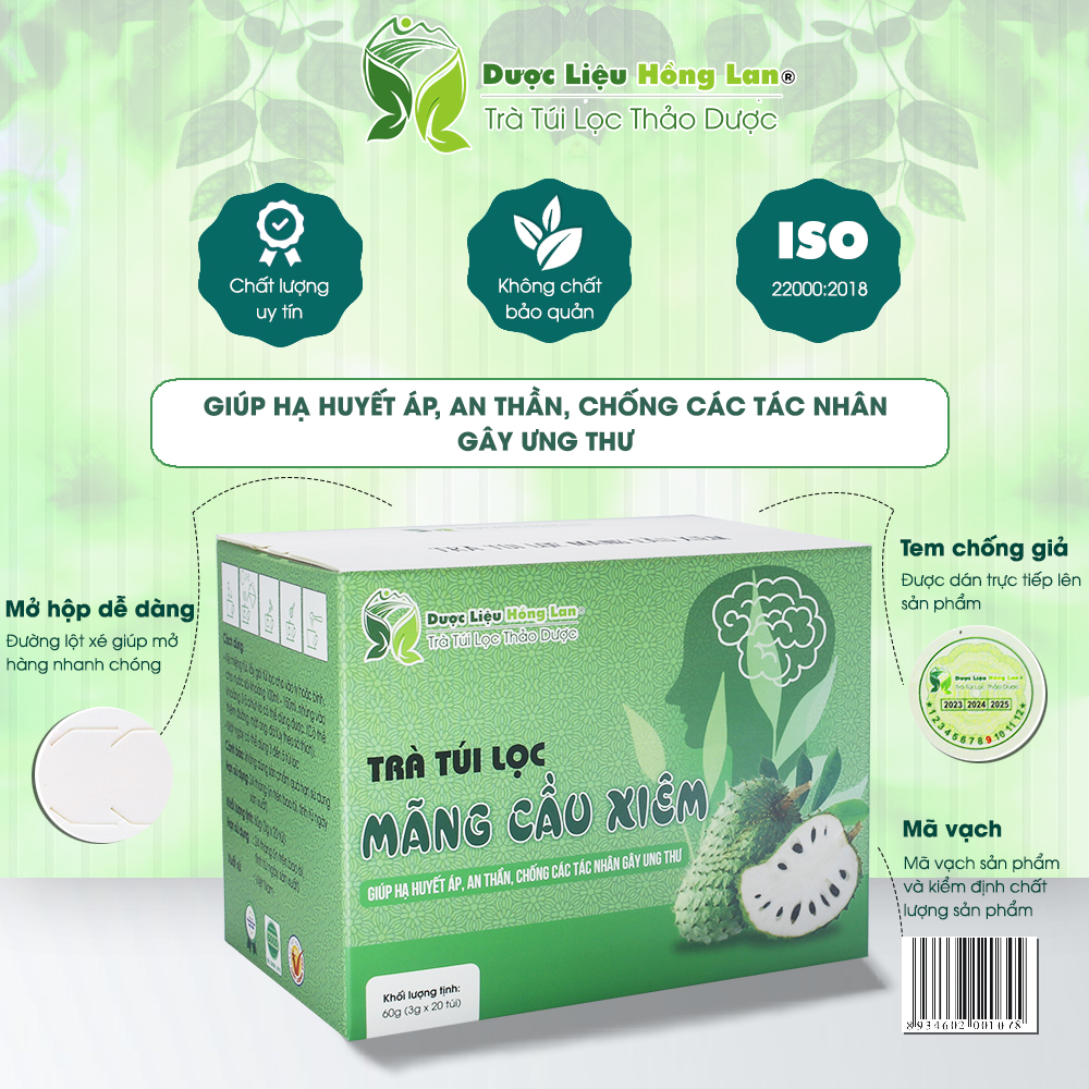 Trà Túi Lọc Trái Mãng Cầu Xiêm (Mãng Cầu Gai) 60g (20gói x 3g) Dược Liệu Hồng Lan