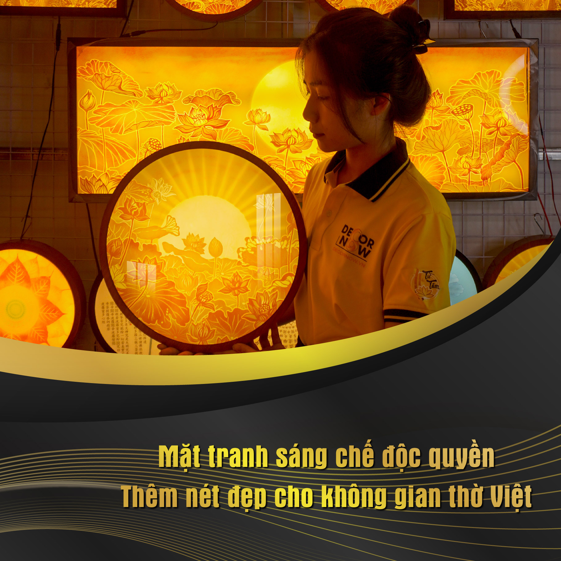 Hình ảnh Đèn Hào Quang Phật In Tranh Trúc Chỉ DECORNOW 30 cm, Trang Trí Ban Thờ, Hào Quang Trúc Chỉ HOA SEN DCN-13