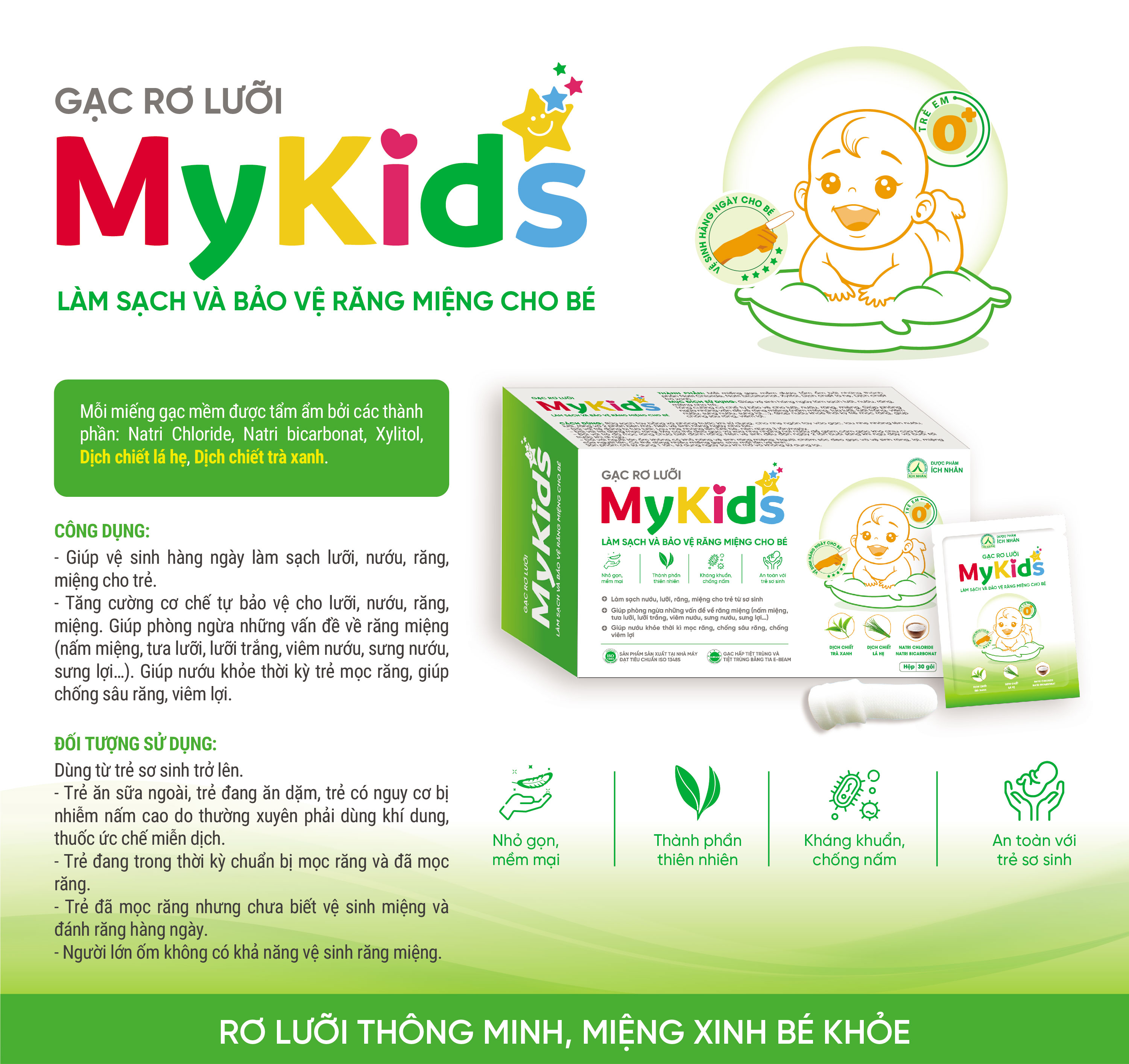 Gạc Rơ Lưỡi MyKids Ích Nhân Làm Sạch Nướu, Lưỡi, Răng, Miệng Cho Bé, Phòng ngừa vấn đề răng miệng cho bé - Hộp 30 gói