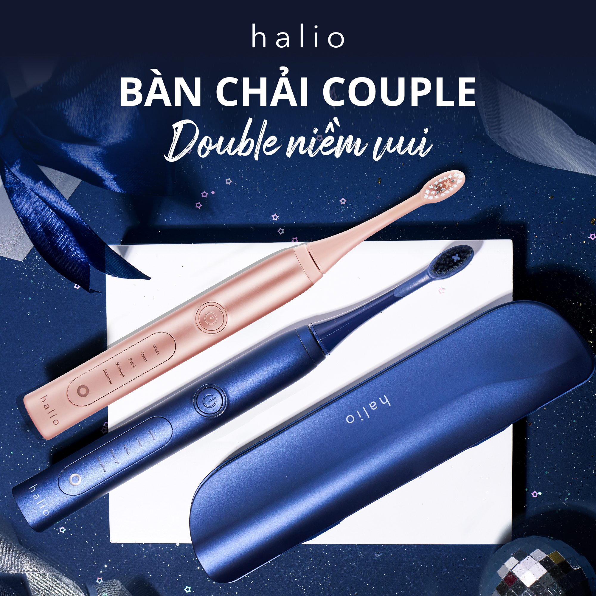 Combo Bàn Chải Điện Làm Trắng Răng Halio Sonic Whitening Electric Toothbrush PRO ( Rose & Midnight Blue)