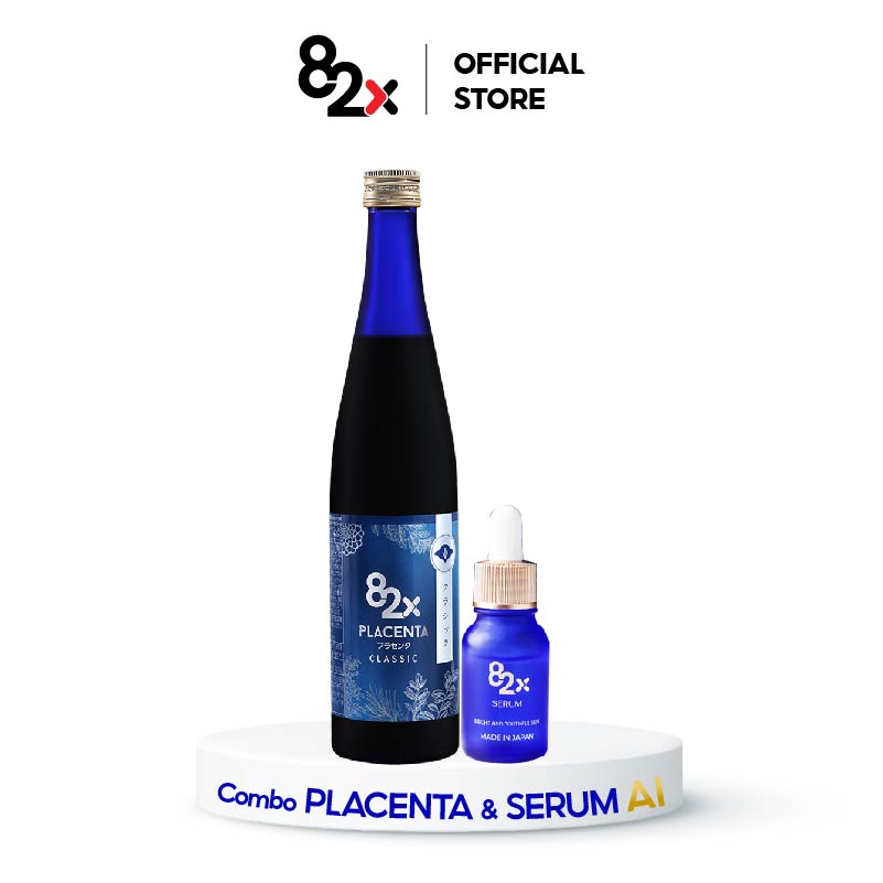 DA SÁNG DÁNG XINH với combo 1 chai 82X PLACENTA CLASSIC và 82X AI STEM CELL SERUM giúp cấp ẩm và phục hồi, cân bằng nội tiết, sáng đều màu da, giảm thâm mờ nám đến từ Nhật Bản; 500ml/ chai placenta và 10ml/ chai serum