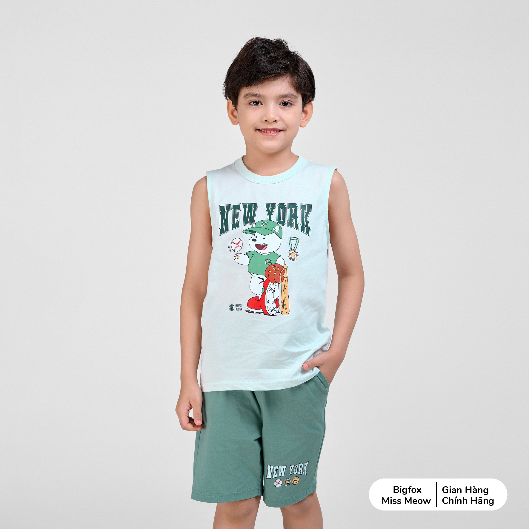Bộ ba lỗ cho bé trai Bigfox Miss Meow chất cotton in Gấu size đại 3,7,9,11 tuổi 30kg 40kg