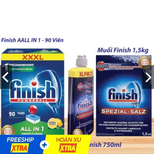 Combo rửa bát Finish: Hộp All In One 90 viên, Muối 1.5kg, Nước làm bóng 750ml - Nhập khẩu EU