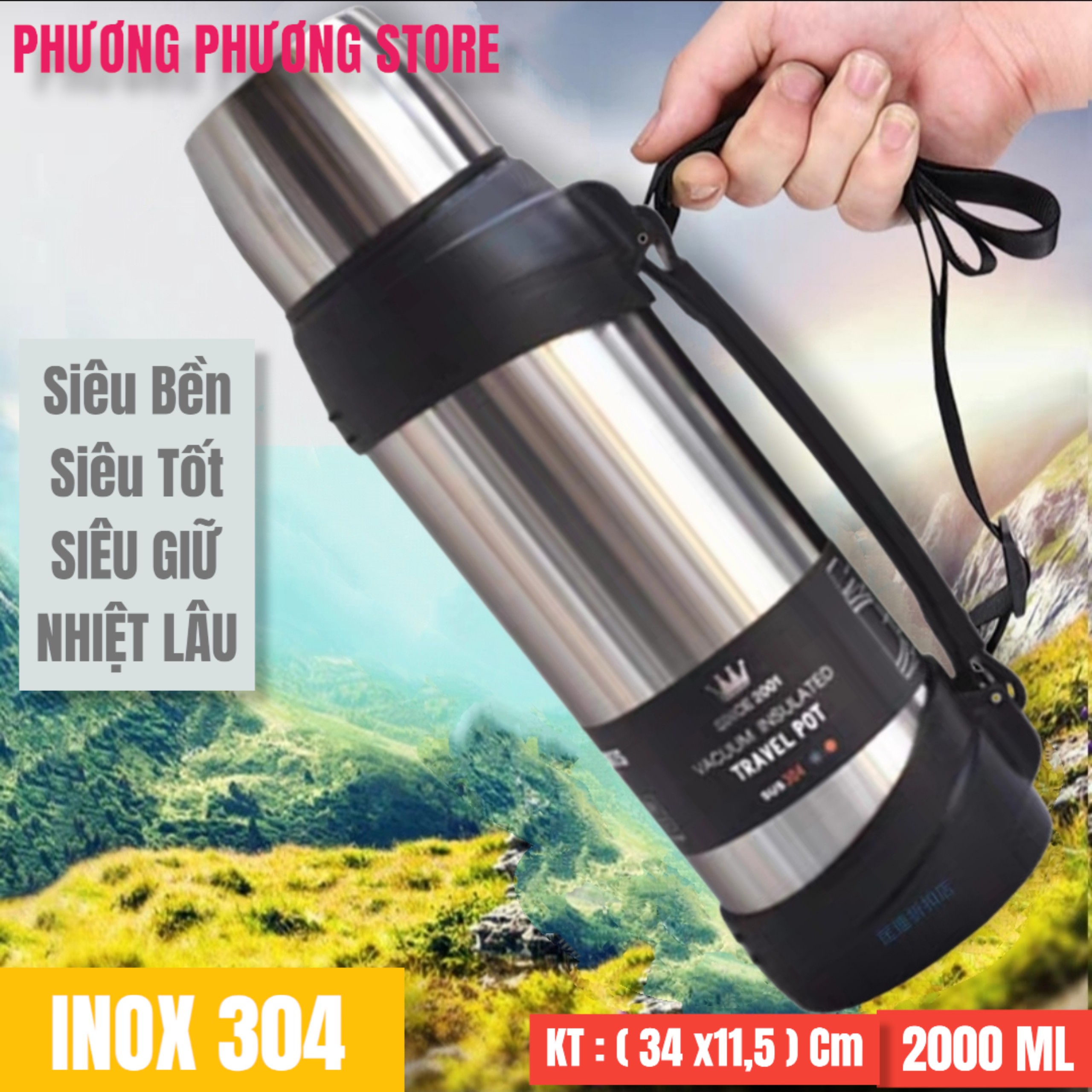 PHÍCH, BÌNH GIỮ NHIỆT GIỮ NÓNG LANH 48 H / PHÍCH, BÌNH GIỮ NHIỆT TRAVEL POT CÁCH NHIỆT 6 LỚP INOX 304 CAO CẤP DT 2.0 LÍT