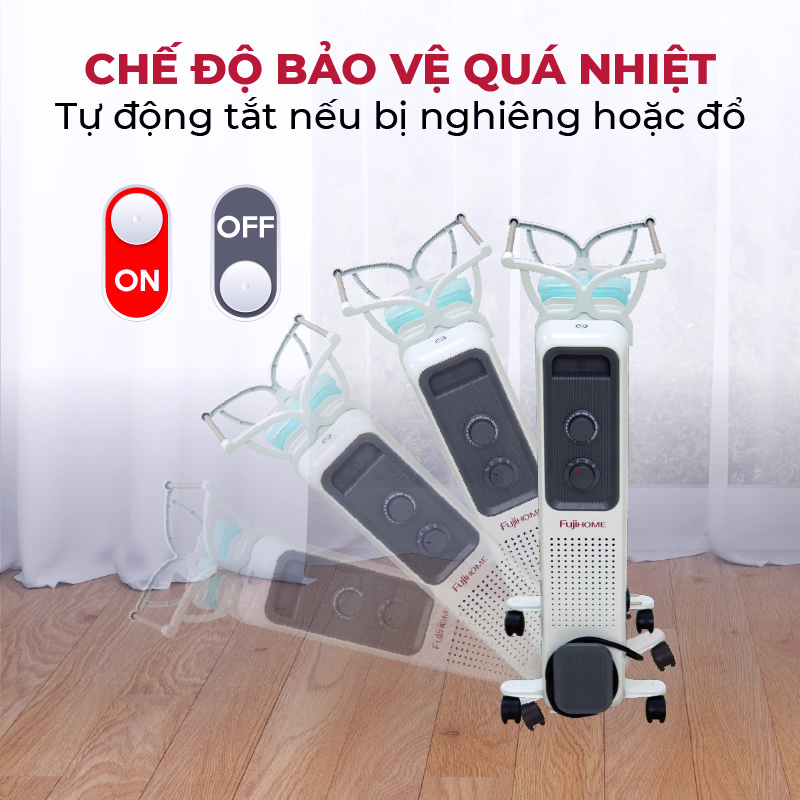 Máy sưởi dầu không khô da Nhật Bản nhập khẩu FUJIHOME OH8411 11 thanh , máy sưởi ấm điện không đốt oxi, tự động ngắt mini - Hàng chính hãng