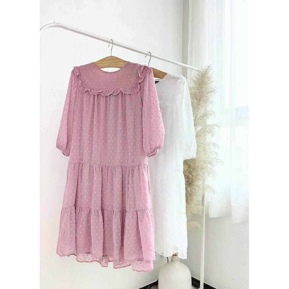 ĐẦM VOAN HỘT TAY LỠ CỔ TRÒN PHỐI BÈO NGỰC DÁNG XÒE BABYDOLL-hình thật shop chụp