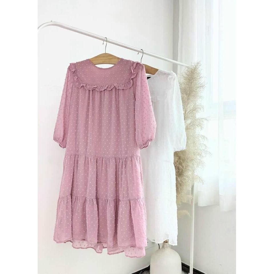 ĐẦM VOAN HỘT TAY LỠ CỔ TRÒN PHỐI BÈO NGỰC DÁNG XÒE BABYDOLL-hình thật shop chụp