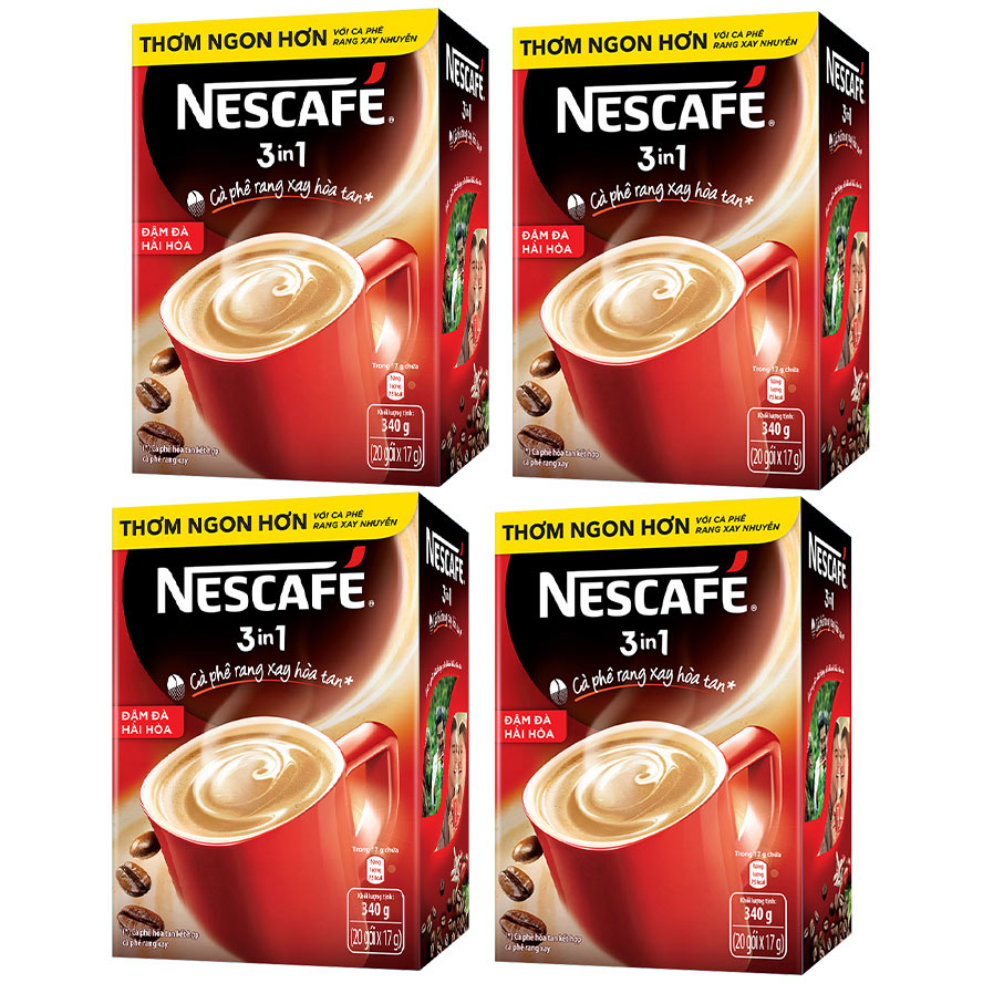 Combo 4 hộp cà phê rang xay hòa tan Nescafé 3in1 Vị Nguyên Bản (Hộp 20 gói x 17g) [Tặng túi du lịch - màu ngẫu nhiên]