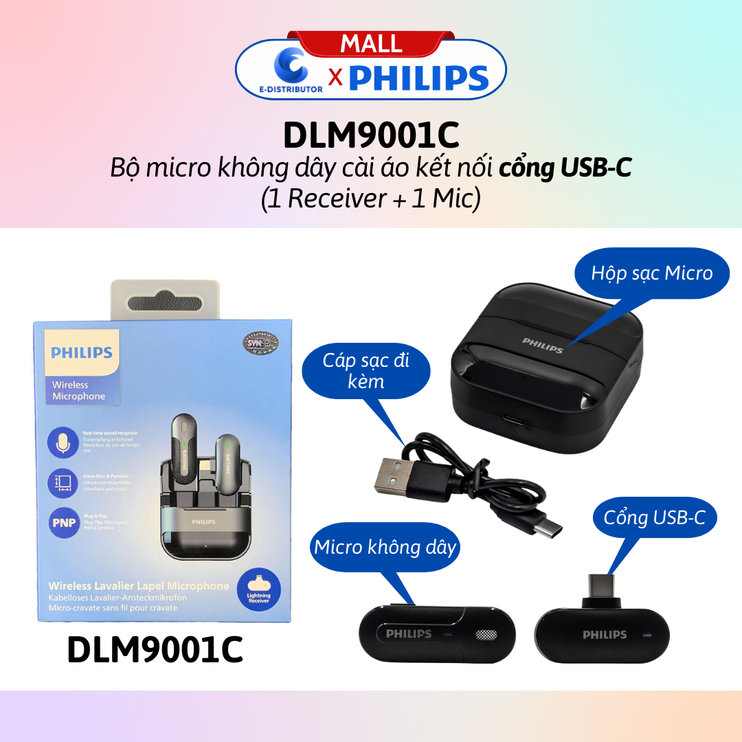 Bộ micro không dây cài áo Philips DLM9001C cổng USB-C - DLM9001L cổng Lightingg (1Receiver + 1Mic) - Hàng Chính Hãng