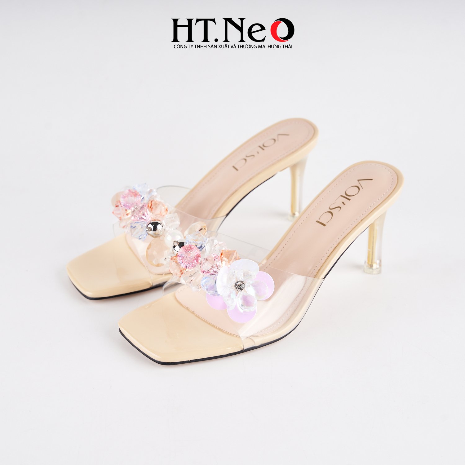 Sandal nữ da SDN170 cao 8p thiết kế trẻ trung, độc đáo với quai dép mica trong suốt đính hoa đá