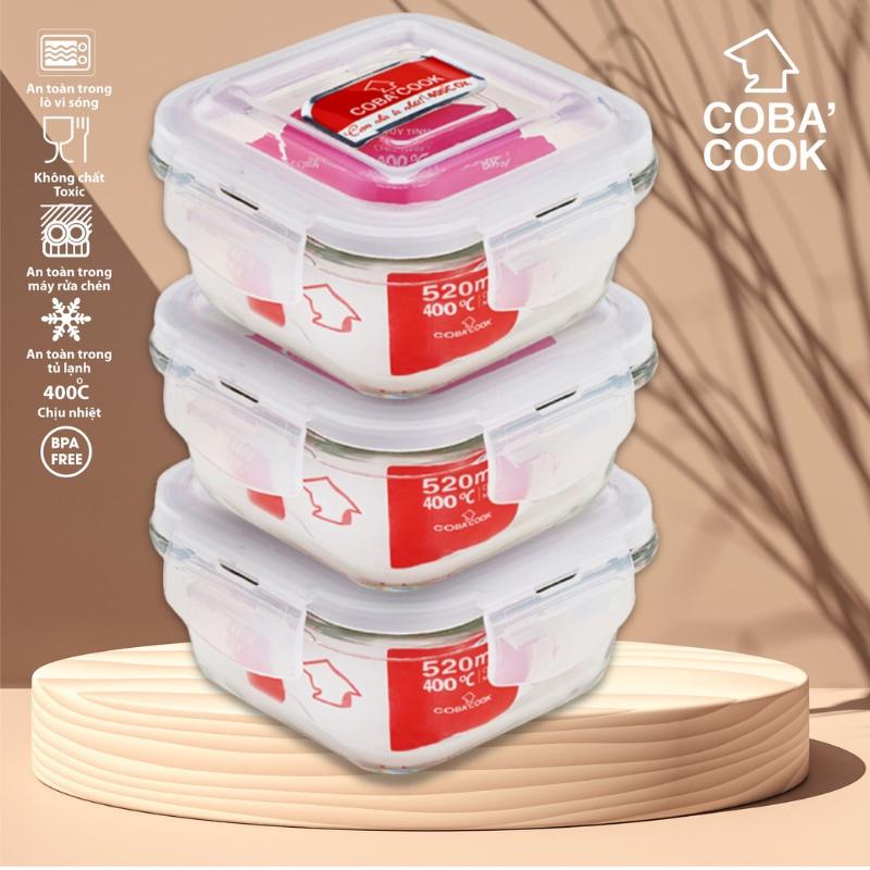 Bộ 3 hộp thủy tinh đựng thực phẩm chịu nhiệt COBA'COOK hộp hình vuông dung tích 520ml- CCS53