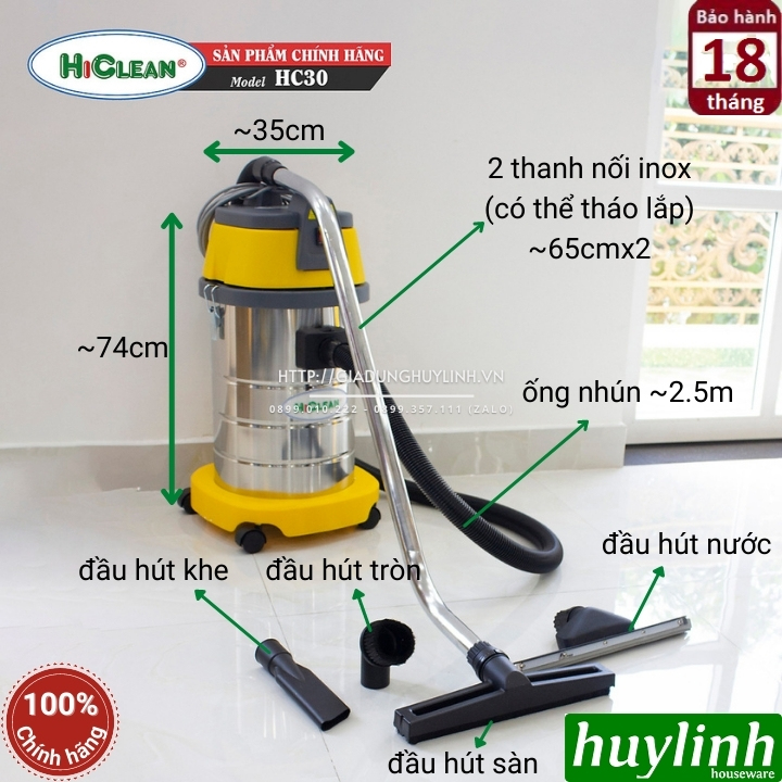 Máy hút bụi công nghiệp Hiclean HC30 - 30 lít - Công suất 1200W - Hút khô và ướt - Hàng chính hãng