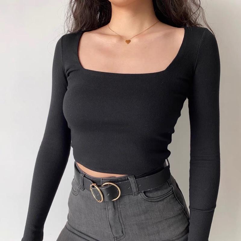 Áo Croptop cổ vuông thun gân may 2 lớp dài tay - by whattowear