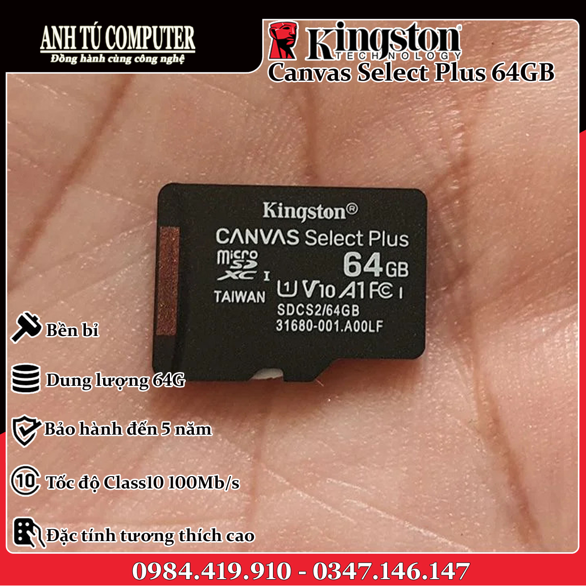 Thẻ Nhớ Kingston 64GB Micro SD Class 10 SDCS2/64GBSP hàng chính hãng