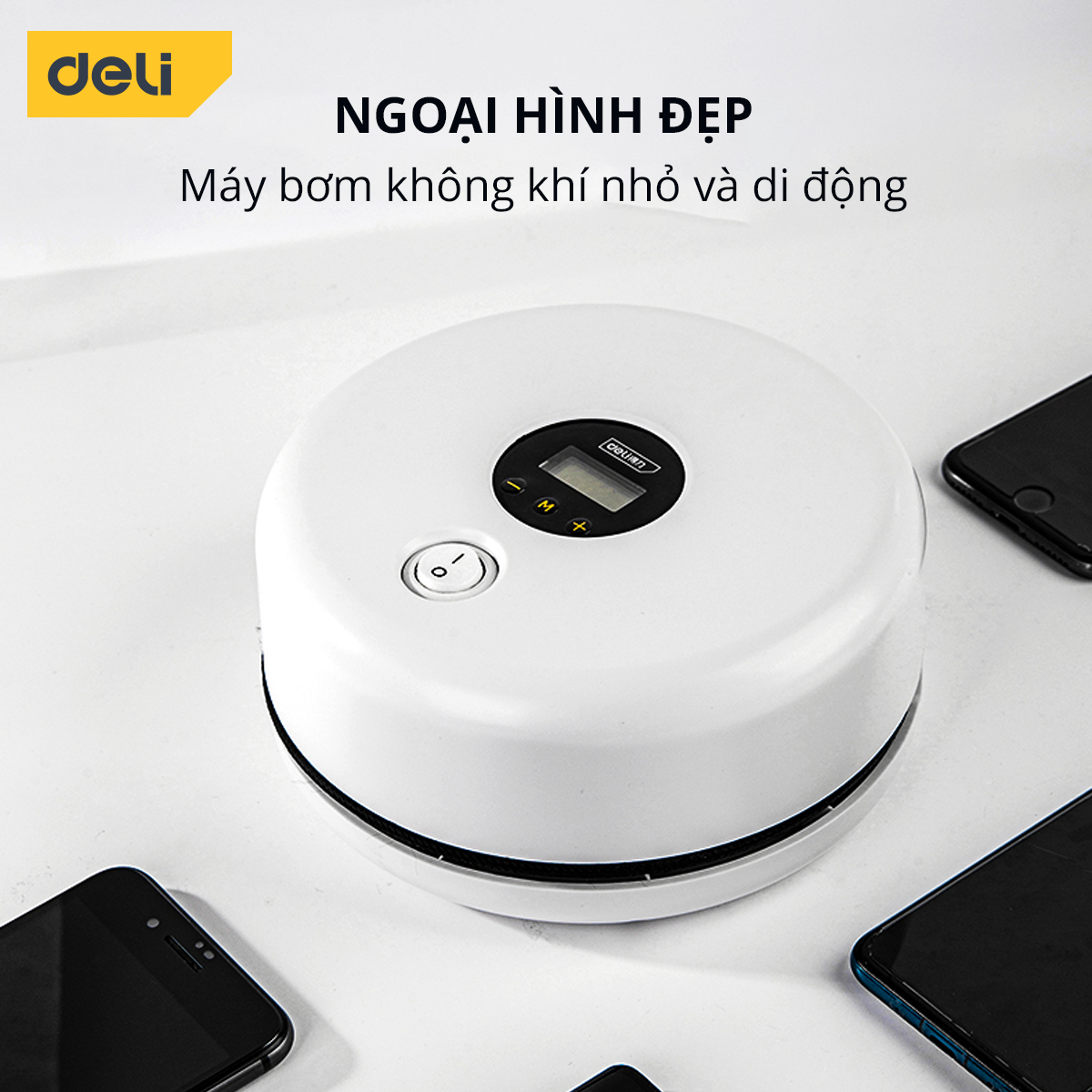 Máy Bơm Lốp Xe Ô Tô Deli Chính Hãng - Bơm Nhanh, Phát Hiện Áp Suất Lốp Thời Gian Thực, Màn Hình LCD - Nhỏ Gọn - DL880180