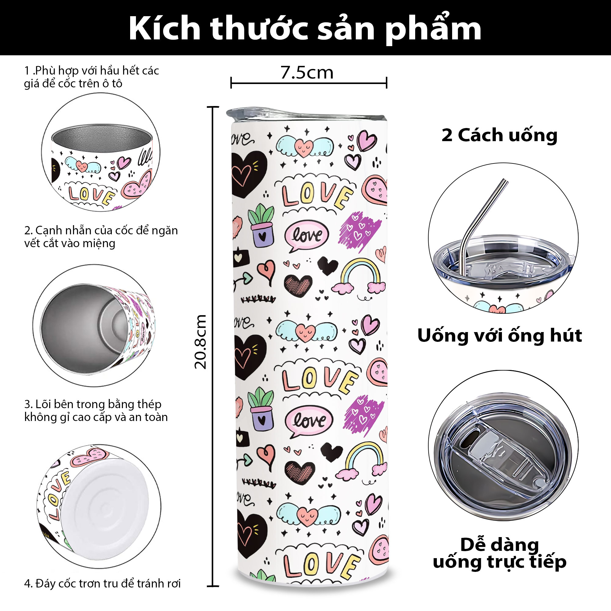 Bình nước giữ nhiệt họa tiết độc đáo - Ly giữ nhiệt - Bình Nước Giữ Nhiệt SUS304 - 600ml