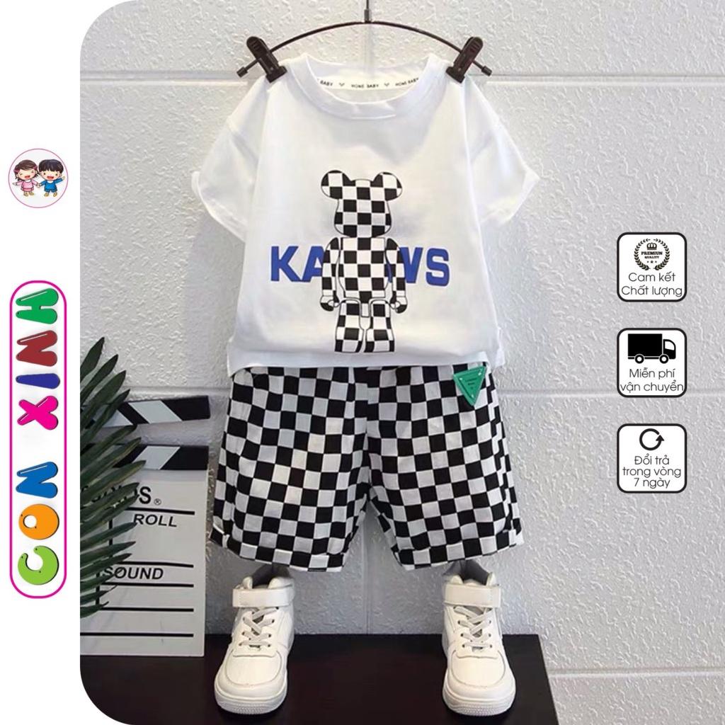 Bộ quần áo bé trai Con Xinh cotton hình in Gấu KAVS,thời trang dành cho trẻ em từ 4 đến 10 tuổi