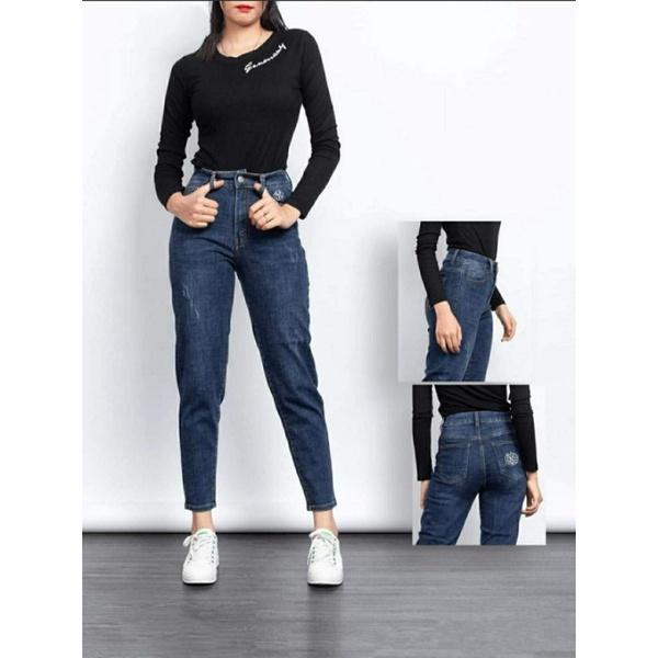 Quần Jeans Nữ Baggy Thêu Túi Cạp Cao