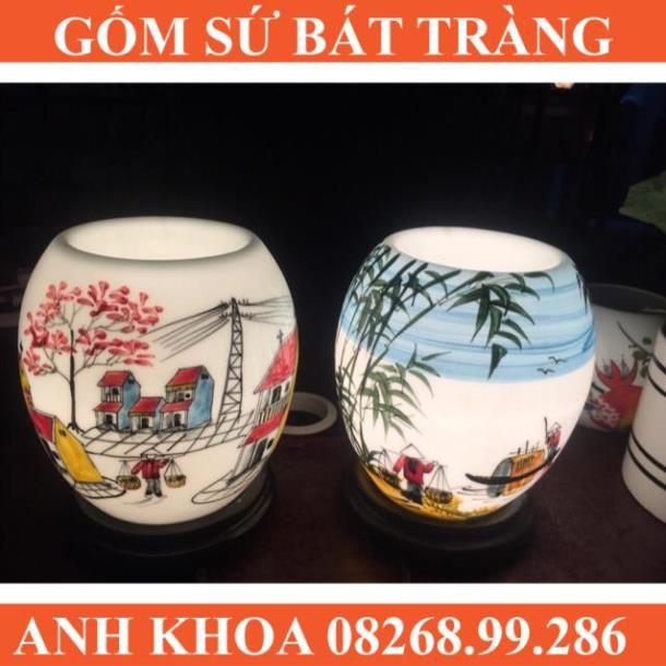 Đèn xông tinh dầu Bát Tràng bom size 18cm đế gỗ - Gốm sứ Bát Tràng Anh Khoa