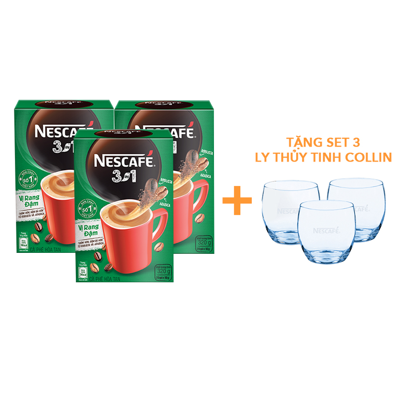 Combo 3 hộp cà phê hòa tan Nescafé 3in1 vị rang đậm - công thức cải tiến (Hộp 20 gói x 16g) - [Tặng bộ 3 ly thủy tinh]