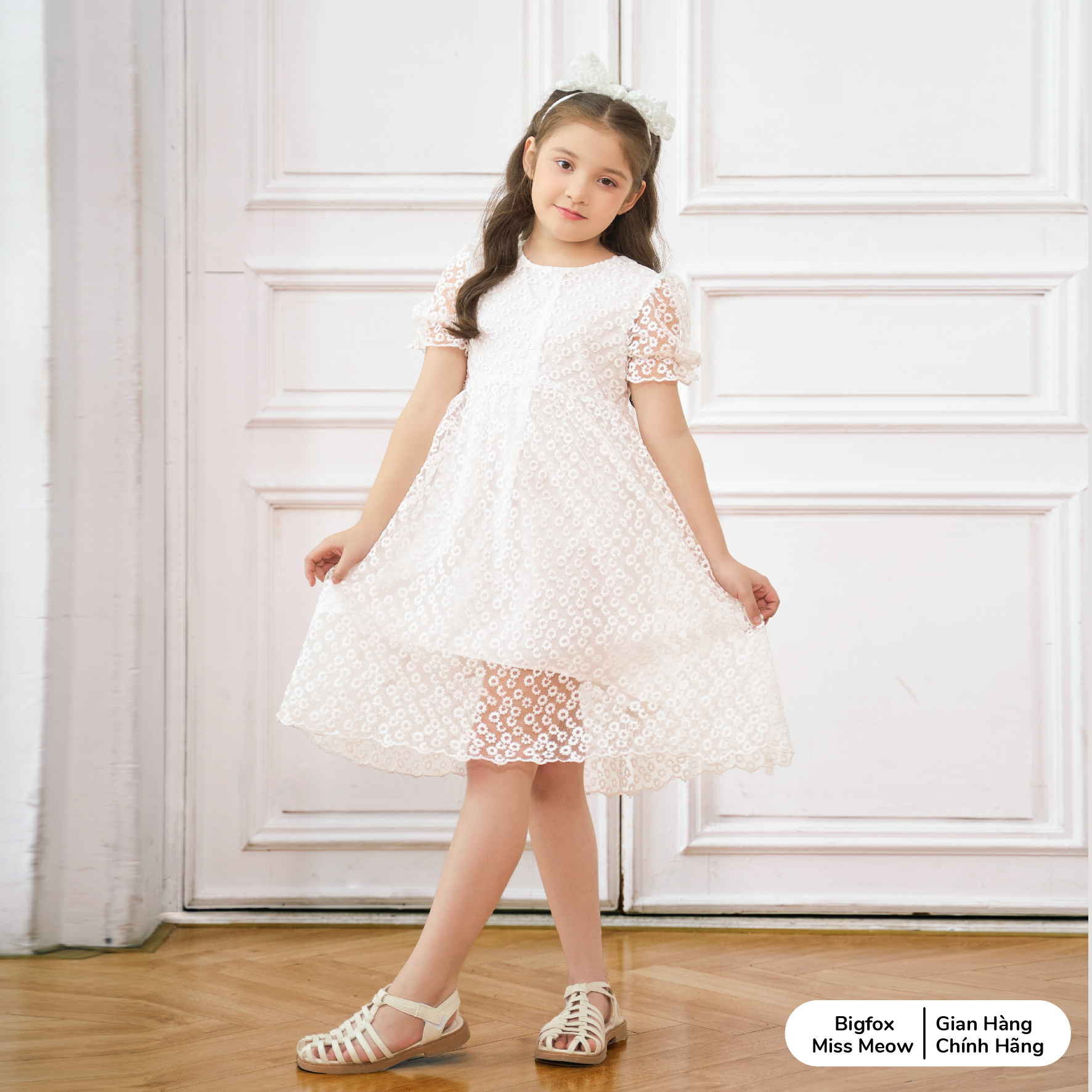 Hình ảnh Váy trắng dự tiệc bé gái Bigfox Miss Meow, đầm công chúa tiểu thư size đại kiểu Hàn ren hoa mùa hè 3,7,9,11 tuổi 30kg