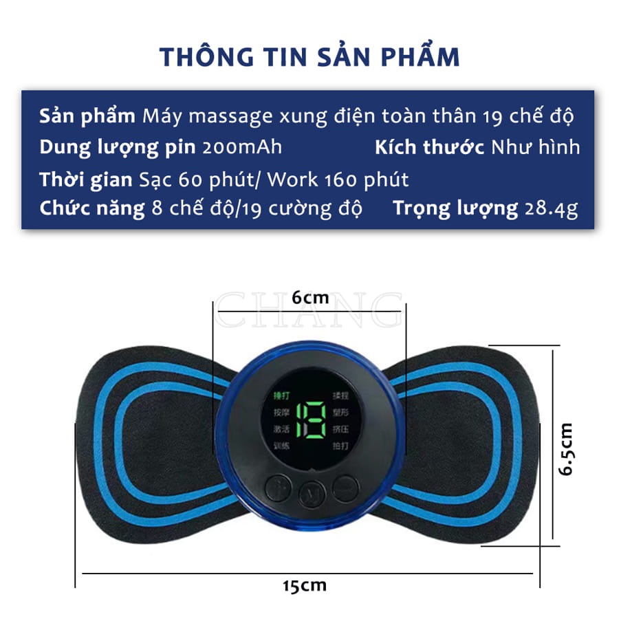 Miếng Dán Massage Xung Điện Cổ Vai Gáy, Bắp Tay, Lưng Cánh Bướm 8 Chế Độ Sạc Điện Cao Cấp