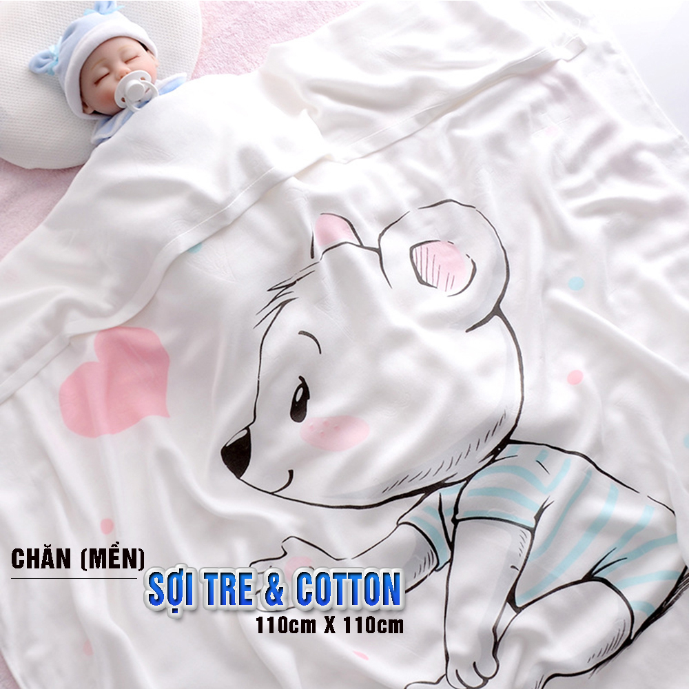 Chăn (mền) đũi cho bé từ sơ sinh đến tiểu học chất liệu sợi tre thiên nhiên và sợi Cotton, loại siêu mềm mịn, KT: 110x110cm, Bamboo Home - hàng chính hãng BBH
