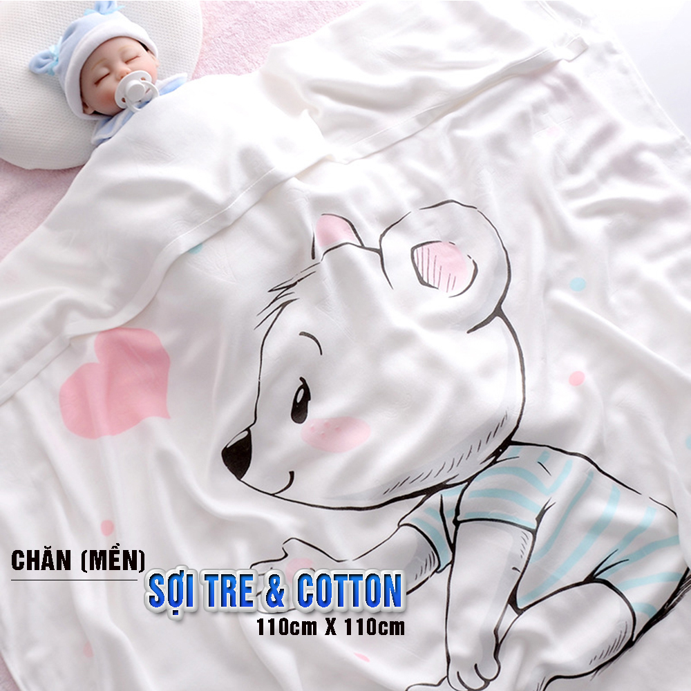 Chăn  đũi cho bé từ sơ sinh đến tiểu học chất liệu sợi tre thiên nhiên và sợi Cotton, loại siêu mềm mịn, KT: 110x110cm, Bamboo Home - hàng chính hãng BBH