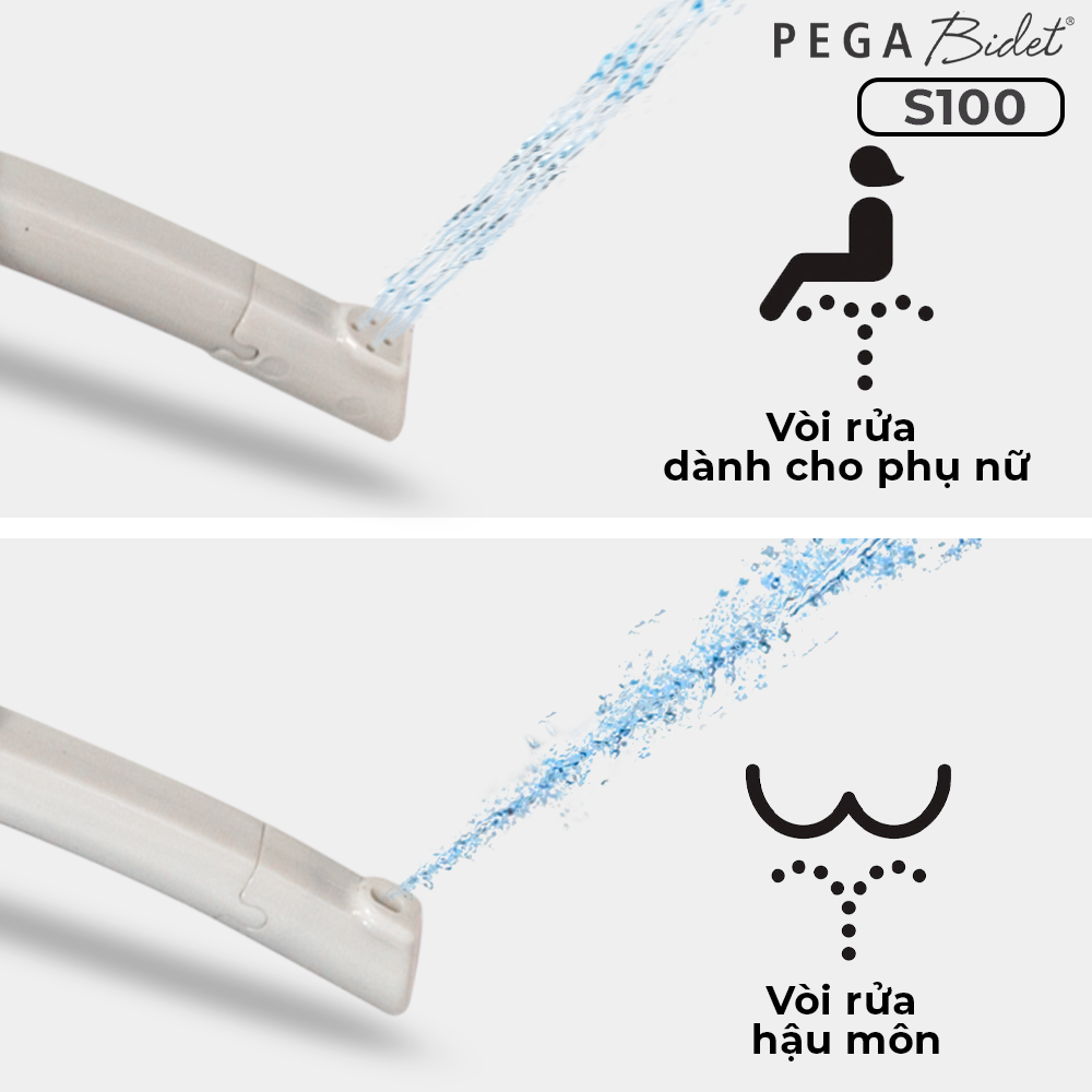 Nắp bồn cầu thông minh PEGA Bidet S100, 2 vòi rửa cho nam và vệ sinh cho phụ nữ, không dùng điện, hoạt động bằng áp lực nước - Thương Hiệu Mỹ