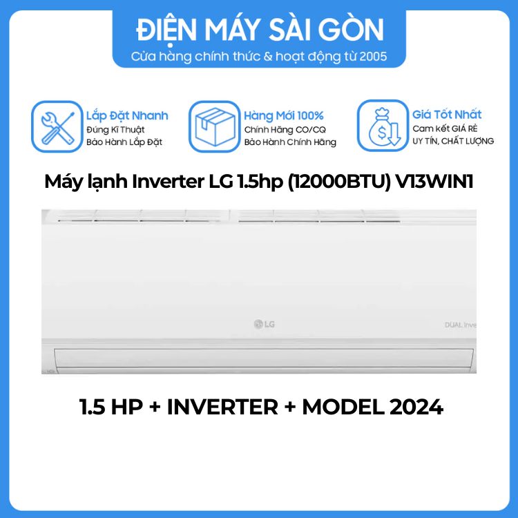 Máy lạnh LG Inverter 1.5 HP V13WIN1 - Hàng chính hãng Điều khiển bằng điện thoại, có wifi -công nghệ Gold-Fin chống ăn mòn  Chế độ ngủ đêm tránh buốt  Tự khởi động lại khi có điện  Chức năng tự làm sạch