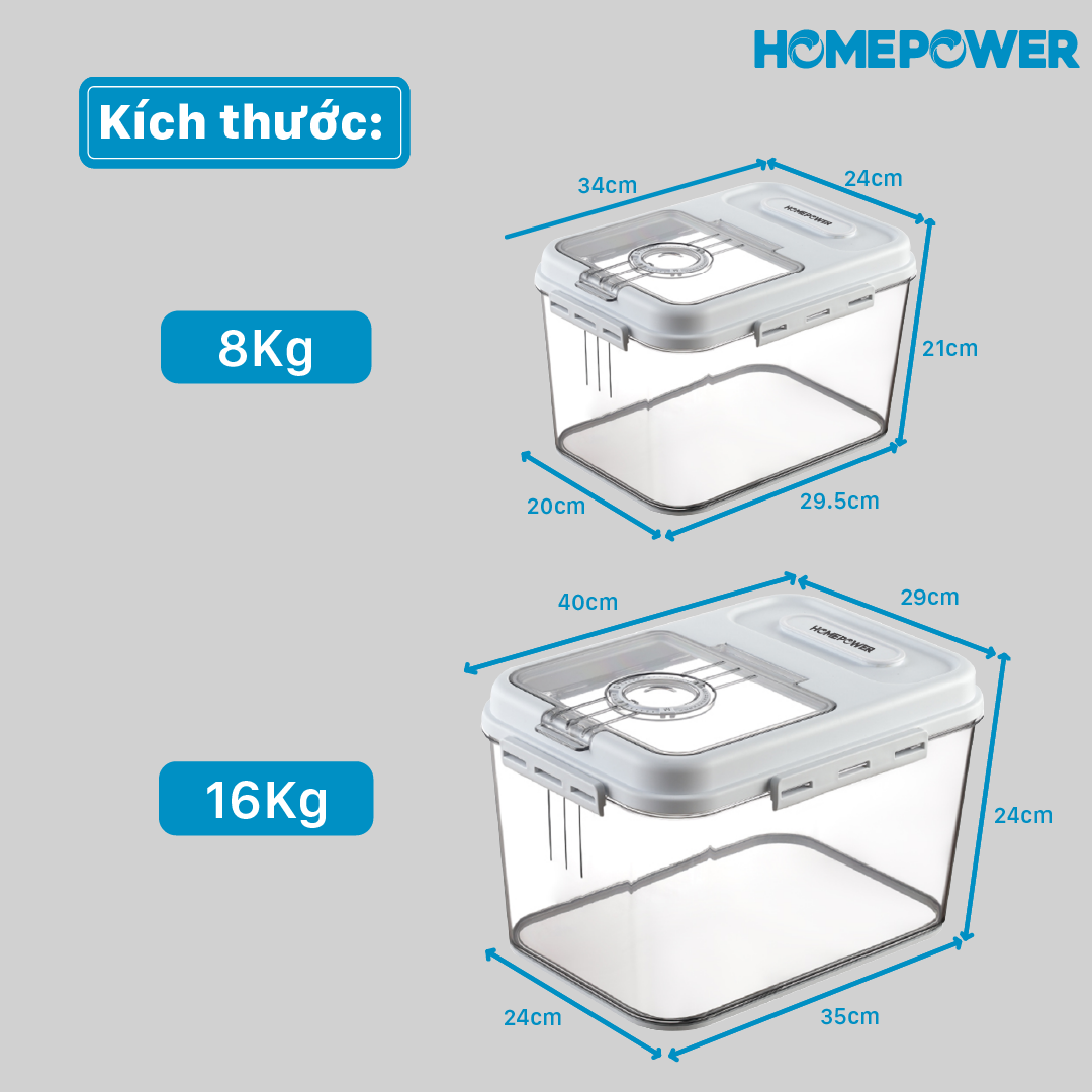 Thùng đựng gạo thông minh HOMEPOWER - Nắp lật từ tính, Vòng ghi chú thời gian, Chống côn trùng, ẩm mốc