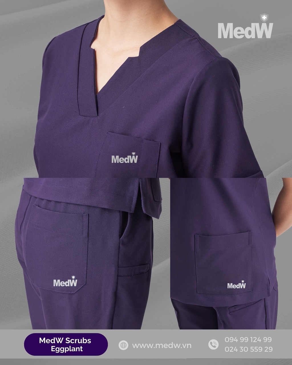 MedW Scrubs Y Tế Eggplant (Nữ)  Diana Tím Cà Sậm Bộ Trang Phục Bác Sĩ Điều Dưỡng Kỹ Thuật Spa Thẩm Mỹ Thiết Kế Pháp Trang Trọng, Vật Liệu Cotton Nhập Khẩu Chuyên Biệt Y Tế Xếp Ly Không Bám Dính Không Nhăn. Thêu Logo Thương Hiệu Riêng