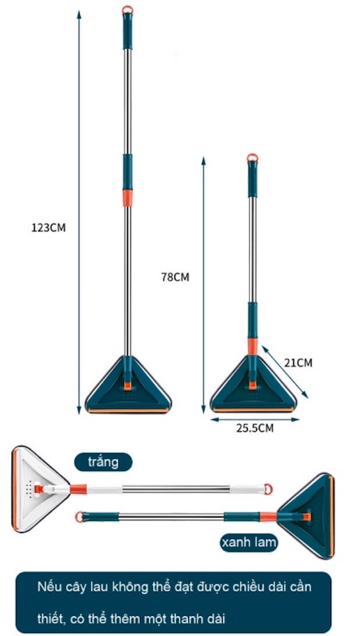 Cây lau nhà vệ sinh kính bề mặt tam giác cao cấp (Tặng 1 bông Chenille + 1 Tấm Sợi)