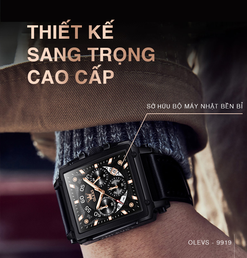 Đồng Hồ Nam OLEVS-9919 Mặt Vuông Cá Tính Mạ Vàng 18K Phong Cách Chronograph Chạy Đủ 6 Kim Có Ô Lịch Ngày, Dây Da Mềm, Rửa Tay Đi Mưa Bơi Lội