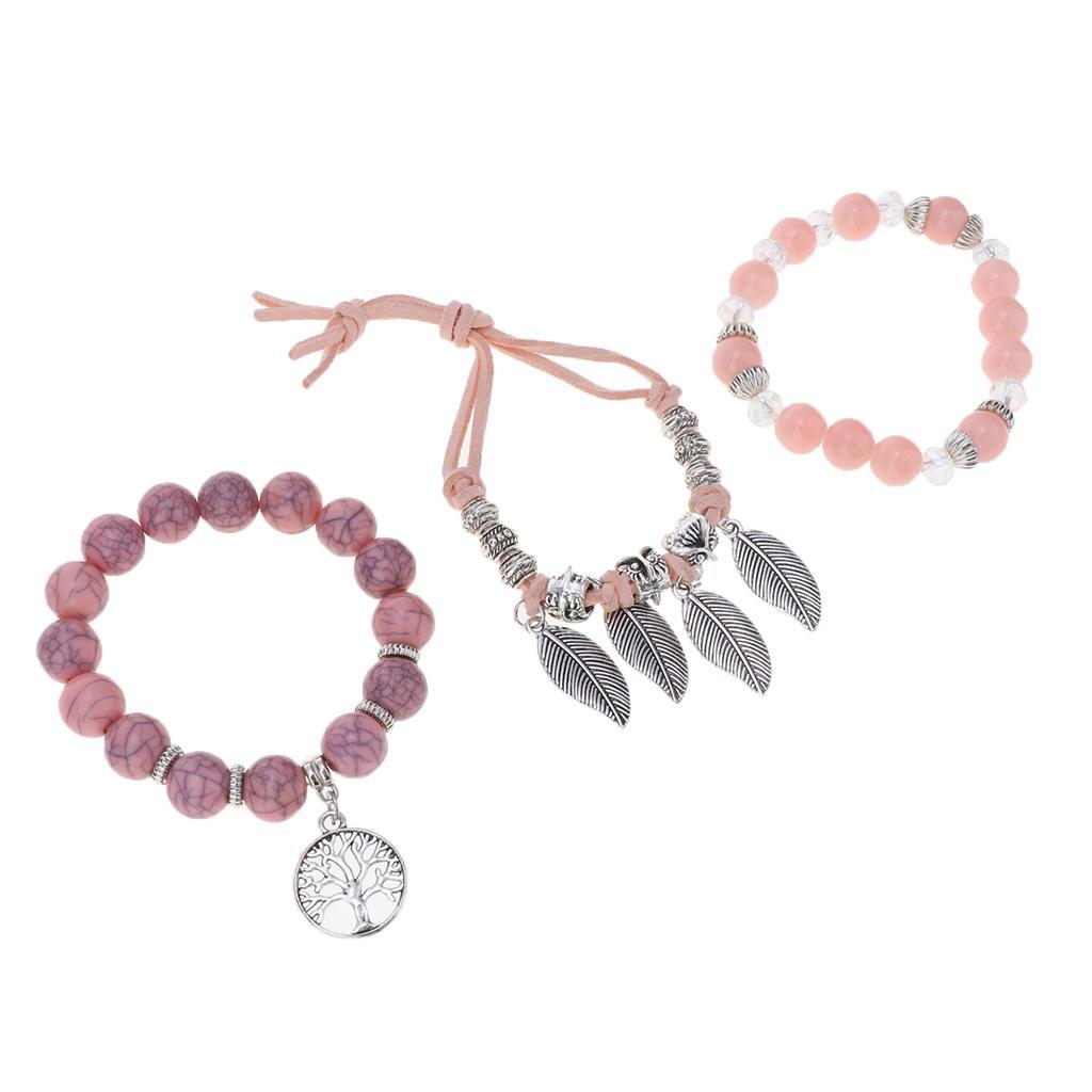 Glass Bracelet Multilayer Leaf Bangle Beads Vintage Design Chain Pink